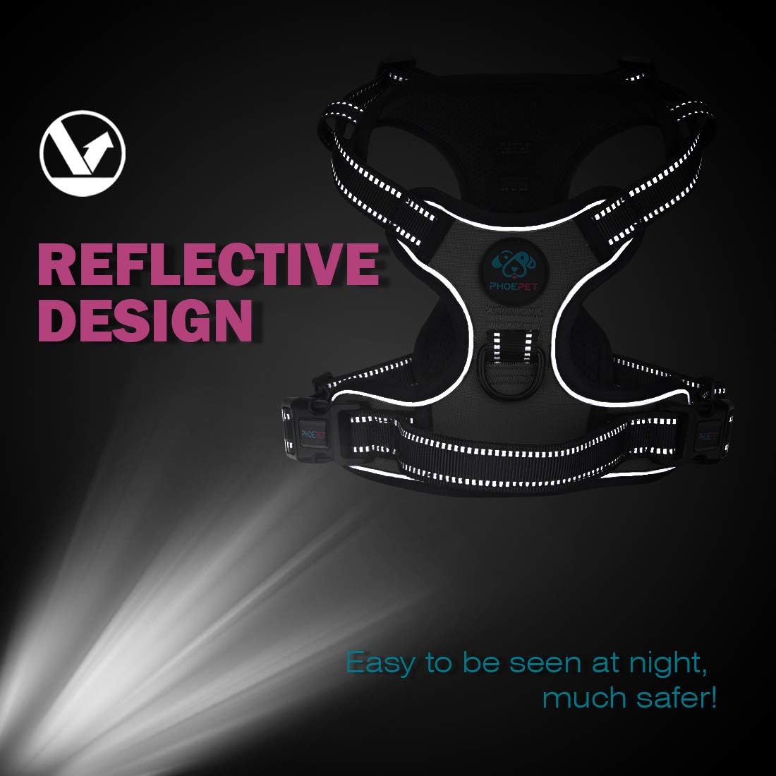 PHOEPET No Pull Dog Harnesses for Small Puppies Reflective Adjustable Front Clip Vest with 2 Metal Leash Attachment Hooks Soft Handle (S, Black)