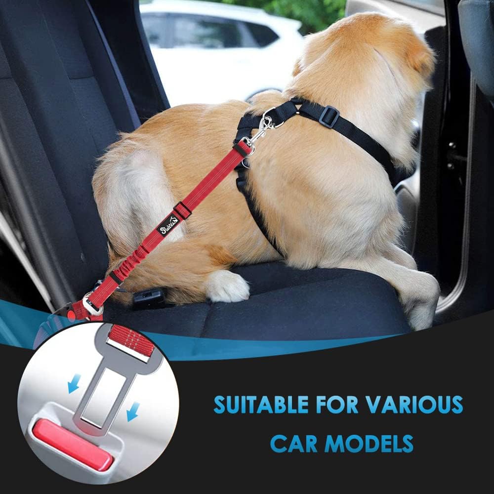 SlowTon Dog Seat Belt for Car, 2 Pack Dog Car Harness Seatbelt Adjustable with Elastic Bungee Buffer, 2 in 1 Pet Car Leash Headrest Restraint Dog Reflective Safety Tether (Red, Headrest+Clip)