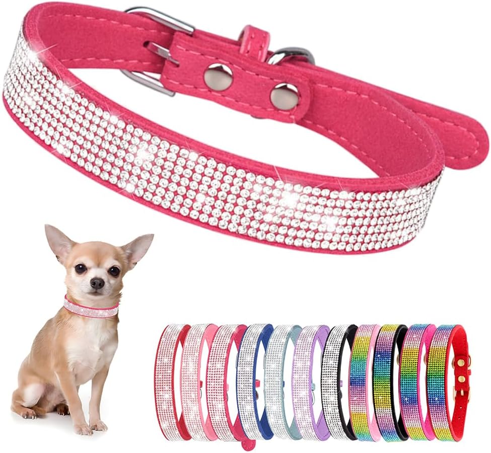 Rhinestone Dog Collar for Small Dogs, Bling Diamond Fancy Crystal Glitter Pretty Jewel Pet Puppy Collars for XXS XS Small Medium Large Breed Girl Dogs Female Cats Kitten, Hot Pink M