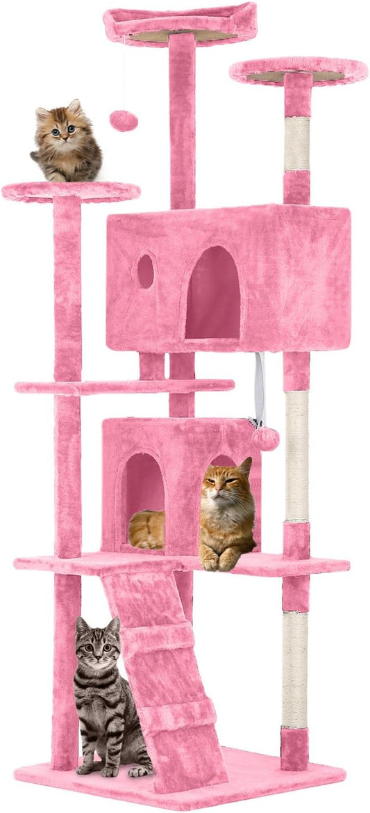 70 inches Cat Tower for Indoor Cats Multi-Level Cat Condos for XL Cat Tree Cat Climbing Tower with Scratching Posts, Hanging Toys,Pink