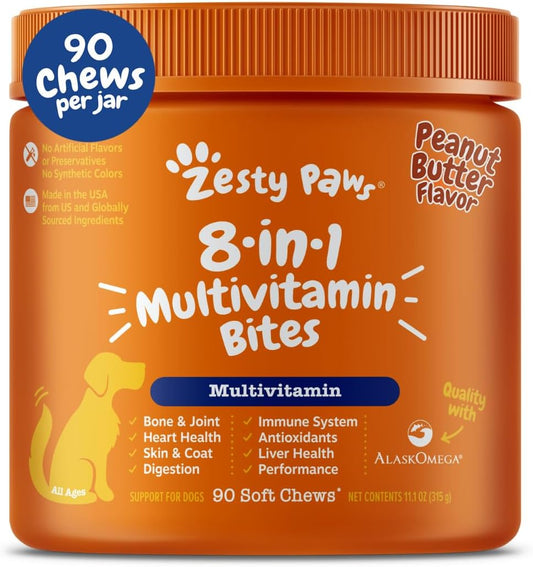 Zesty Paws Multivitamin Treats for Dogs, Glucosamine Chondroitin Joint Support + Digestive Enzymes & Probiotics, Grain Free Dog Vitamins and Supplements for Skin & Coat, Peanut Butter - 90ct