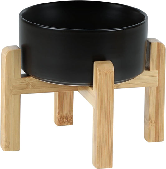 Ceramic Raised Dog and Cat Bowl Set, 2 Heights Elevated Stand, Food and Water Bowl for Small Breed Dogs, Weighted Dog Dishes, Pet Bowl(6.1'',28.7oz, Black)
