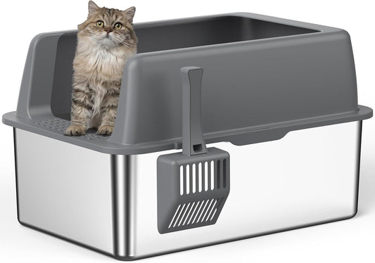 Zarler Stainless Steel Litter Box with Lid, 8” Deep Extra Large Cat Litter Boxes, XL Metal Litter Box for Big Cats with High Sided, Grey (Non-Sticky, Easy to Clean, Anti-Urine Leakage)