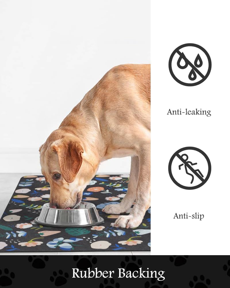Pet Feeding Mat-Absorbent Dog Mat for Food and Water Bowl-No Stains Quick Dry Water Dispenser Mat-Dog Accessories Pet Supplies-Bowl for Messy Drinkers（DARKFLOWERS,17"x28"