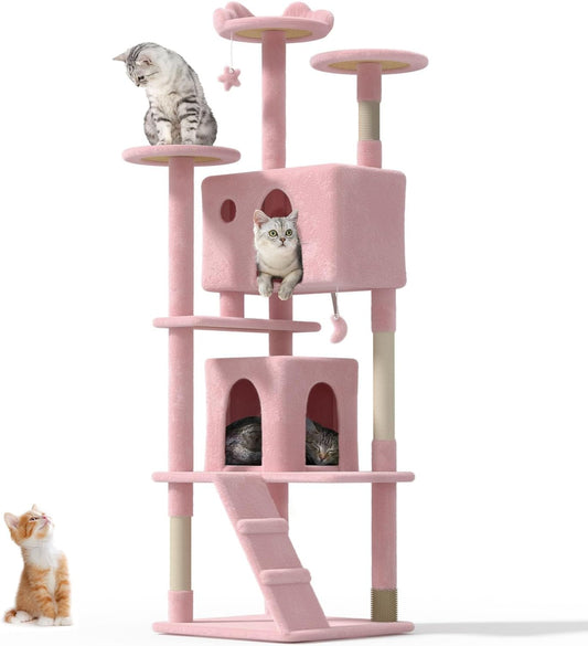 77'' Cat Tree Tower for Indoor Cats Large Adult, Cute/Tall Modern Cat Tree for Big Cats 20 lbs, Plush Multi-Level Cat Condo with Scratching Posts,Dangling Ball (Soft Pink, 77 inch)