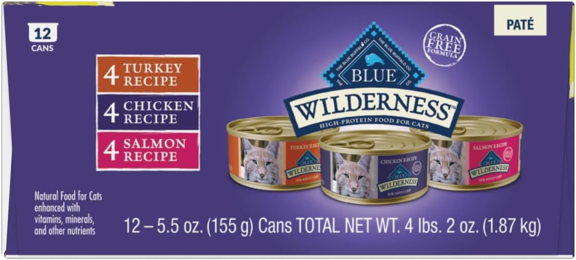 Blue Buffalo Wilderness High Protein, Natural Adult Pate Wet Cat Food Variety Pack, Chicken, Salmon, Turkey 5.5-oz can (12 count - 4 of Each Flavor)