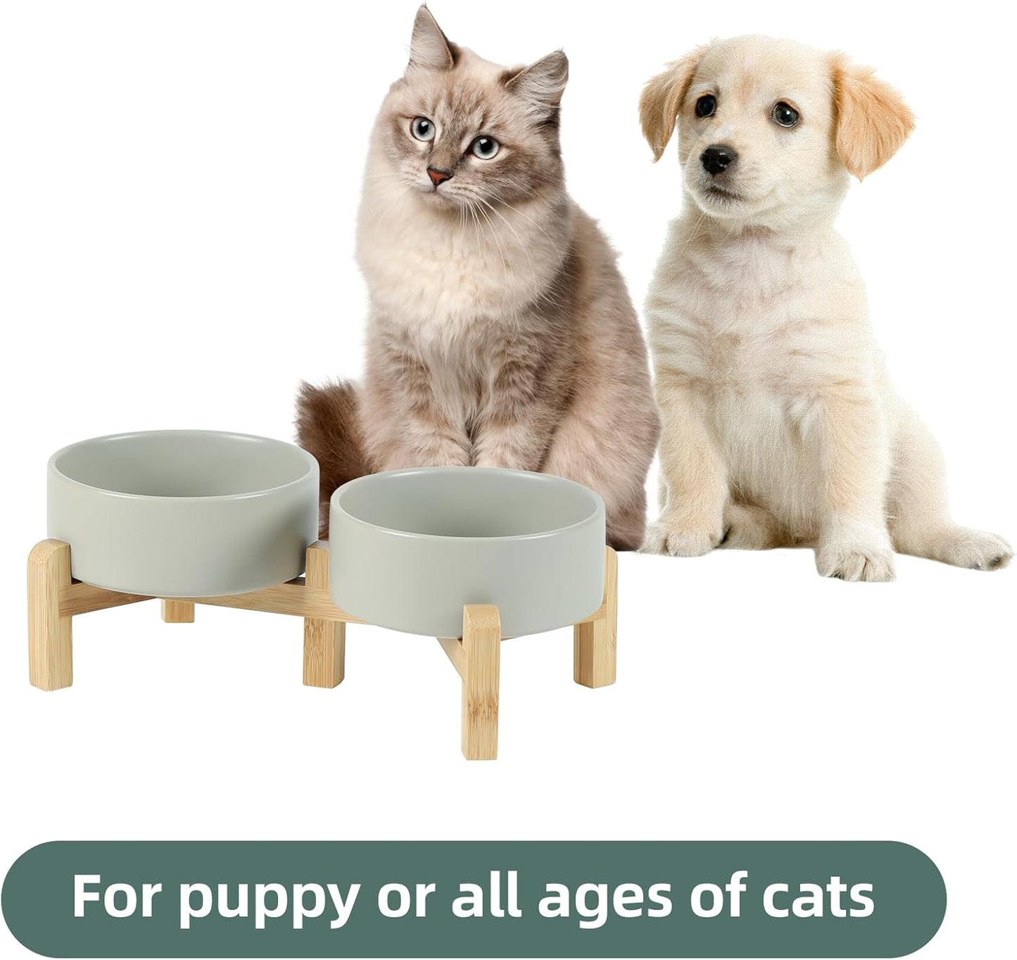 Ceramic Raised Double Bowls Set with Stand, 2 Heights Elevated, Food & Water Bowls for Small Breed Dogs, Cats, Kitty, Weighted Dog Dishes, Pet Bowls(5.1'',13.5oz, Grey)