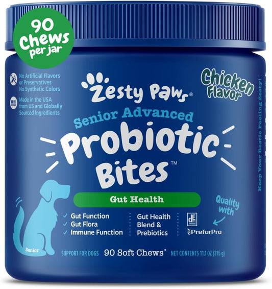 Zesty Paws Probiotics for Dogs - Digestive Enzymes for Gut Flora, Digestive Health, Diarrhea & Bowel Support - Clinically Studied DE111 - Dog Supplement Soft Chew for Pet Immune System - Adv, 90ct