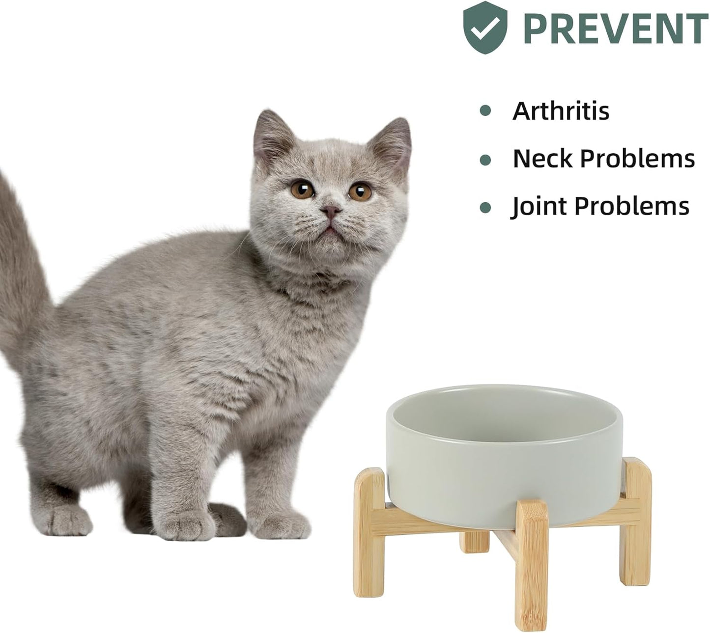 Ceramic Raised Dog and Cat Bowl Set, 2 Heights Elevated Stand, Food and Water Bowl for Small Breed Dogs, Cats, Kitty, Weighted Dog Dishes, Pet Bowls(5.1'',13.5oz, Grey)