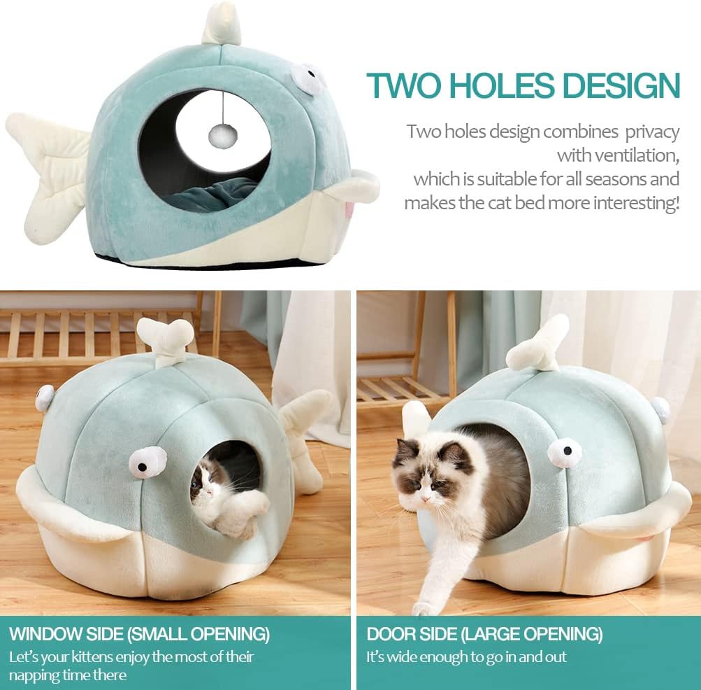 Lcybem Cat Beds for Indoor Cats - Cat Bed Cave with Removable Washable Cushioned Pillow, Calming Cozy Soft Cat Cave, Cute Friendly Dolphin Cat Houses for Indoor Cats No Deformation Pet Bed, L