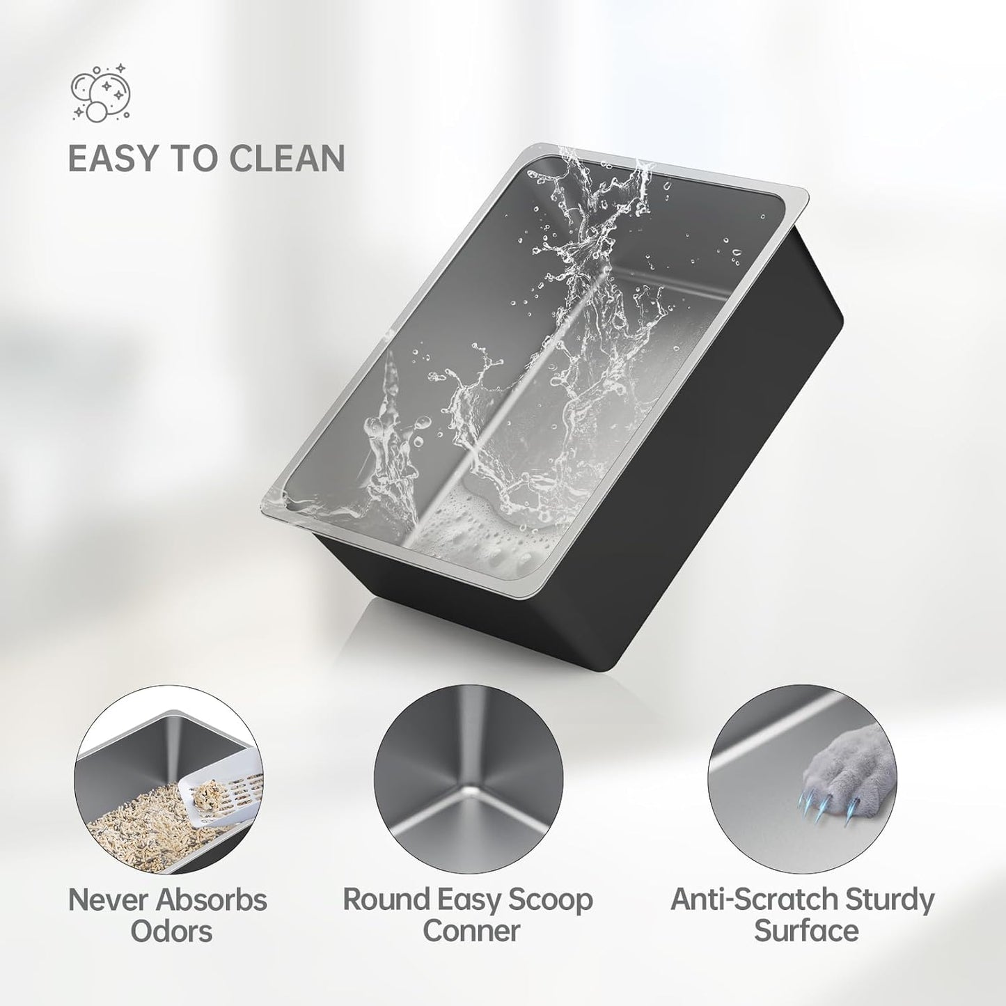 Ohtomber Stainless Steel Litter Box - High Sided Metal Cat Litter Box Pan, Never Absorbs Smell, Easy to Clean Non Stick Cat Litterbox Tray Toilet Pet Supplies for Indoor Kitty, Kitten, Rabbit, Puppy