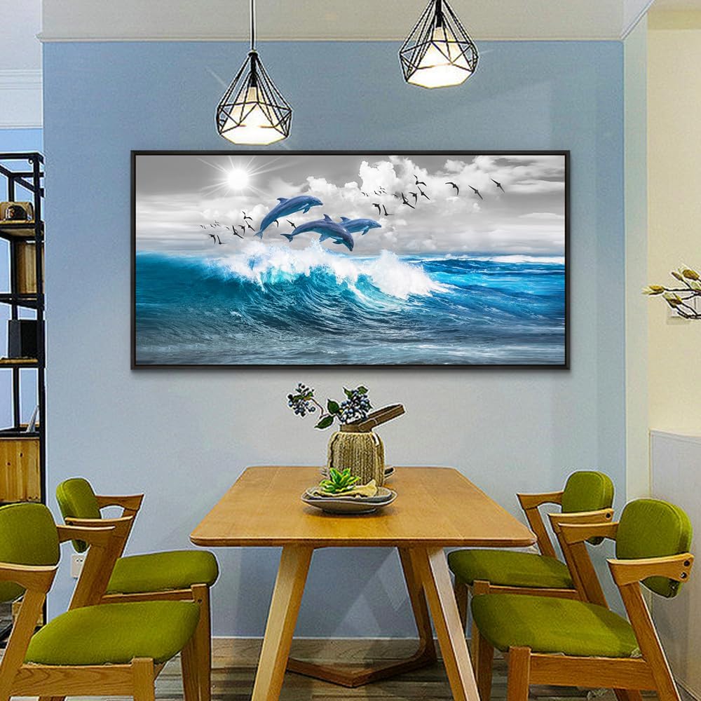 Wapluam Large Wall Art For Living Room Wall Decorations For Bedroom Blue Waves Of The Sea Wall Pictures Artwork Modern Office Dolphins Canvas Print Wall Paintings Black Framed Home Decor Poster