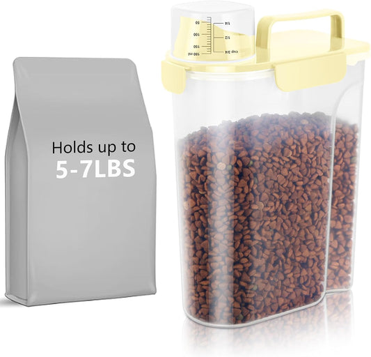 5-7Lbs Cat Dog Storage Container, Portable Pet Food Containers with Upgraded Large Spout and Cup, Small Animal Kibble Dispenser for Bird Seed, Oatmeal, Rice, Flour (1, Cream yellow, 5L)