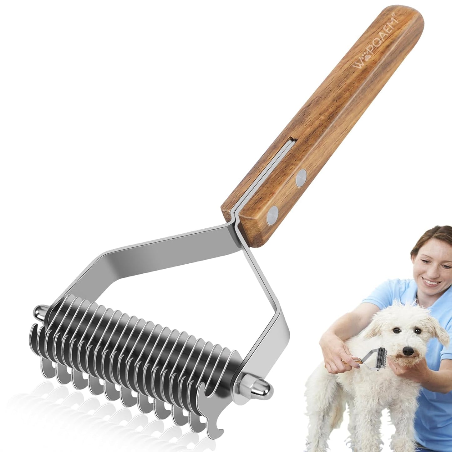 Undercoat Rake for Dogs - Dual-Sided Deshedding Blade, Wooden Handle, Professional Pet Grooming Tool with Matting Remover & Shedding Control for Double Coat Dogs & Long-Haired Cats, Large