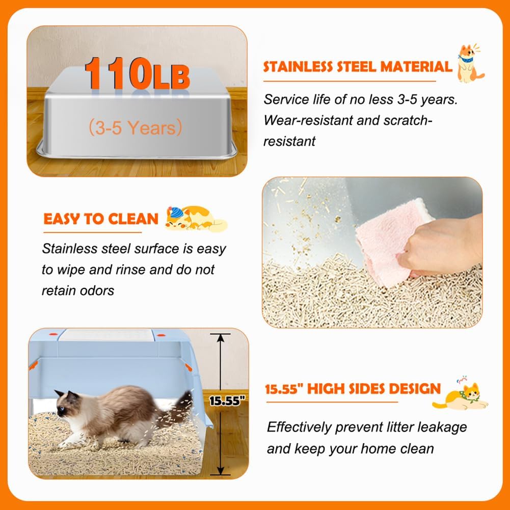 Vivifying Stainless Steel Litter Box with Lid, XL Side Entry Extra Large Litter Box for Big Cats & Kitty, Removable Enclosed Metal Cat Pan with High Sided Enclosure, Scoop, Mat, Footboard (Blue)