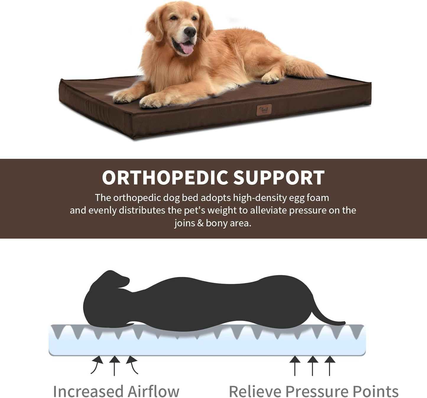 Outdoor Large Dog Bed, Waterproof Dog Bed for Large Dogs, Egg Crate Foam Pet Bed with Removable Washable Oxford Cooling Cover, Brown