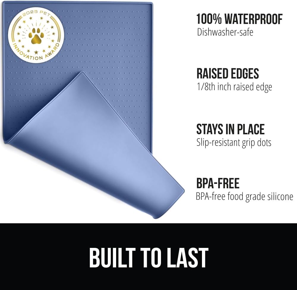 GORILLA GRIP 100% Waterproof Raised Edge BPA Free Silicone Pet Feeding Mat, Dog Cat Food Mats Contain Spills Protects Floors, Placemats for Cats and Dogs Water Bowl, Pets Accessories 23x15 Blue