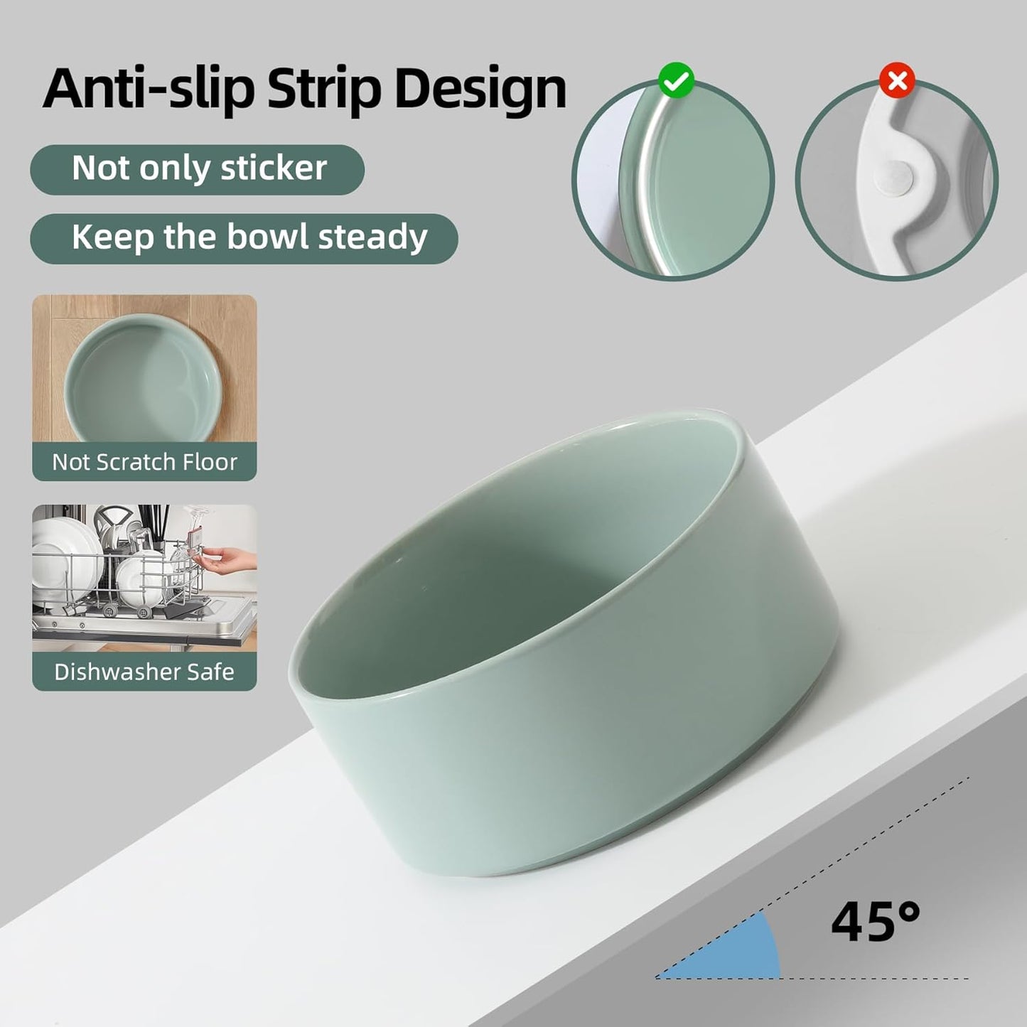 Ceramic 8.2inch Raised Dog Bowl with Stand for Large- Breed Dogs, Pet Food and Water Feeder (Double Bowl with Stand - Light Green)