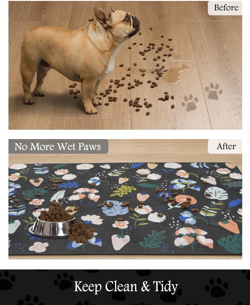 Pet Feeding Mat-Absorbent Dog Mat for Food and Water Bowl-No Stains Quick Dry Water Dispenser Mat-Dog Accessories Pet Supplies-Bowl for Messy Drinkers（DARKFLOWERS,17"x28"
