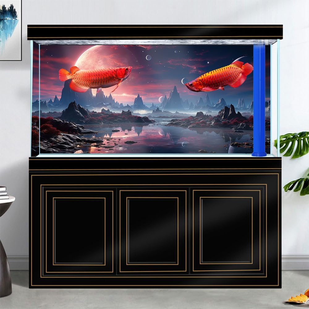 24X12IN Cosmic Spaceterrarium Background, Cool Parallel Space Themed Aquarium Reptile Habitat Background, Red Moon Aquarium Background with 10EVA Double-Sided Tape