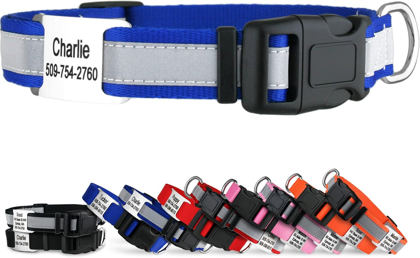 GoTags Reflective Personalized Dog Collar with Nameplate, Adjustable Dog Collar with Custom Engraved Steel Slide On Pet ID Tag, Silent, No Noise Dog Tag for Large Medium or Small (Blue, Small)