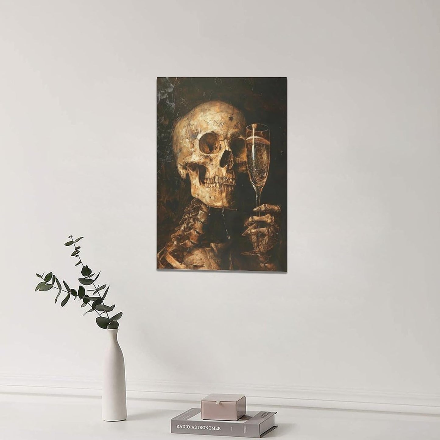Quorin Gothic Skeleton Wall Art Goth Skull Champagne Wall Decor Dark Academia Pictures Horror Canvas Print Painting Artwork for Bathroom Living Room Bedroom 16"x24"