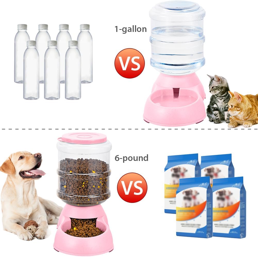 2 Pack Automatic Cat Feeder and Water Dispenser in Set Gravity Food Feeder and Waterer Pet Food Bowl for Small Medium Dog Pets Puppy Kitten Big Capacity 1 Gallon x 2 (Pink)
