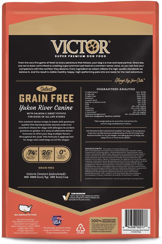 VICTOR Super Premium Dog Food – Grain Free Yukon River Canine – Supports Immune & Digestive Health for Dogs of All Life Stages – High Protein Dry Dog Food for All Normally Active Dogs, 5 lb