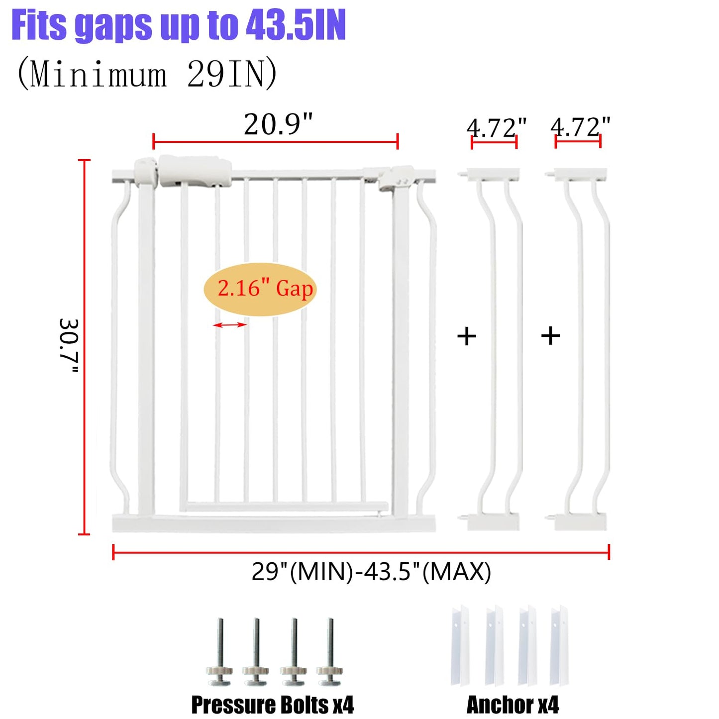 Walk Through Baby Gate 29-43.5 Inch Wide for Stairs Tension Pet Dog Gates Indoor for Doorways No Drilling Pressure Mounted Pet Gates for Kids
