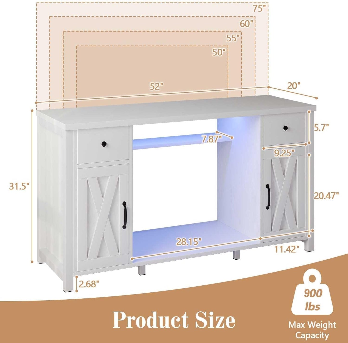 75 Gallon Fish Tank Stand with LED Light & Power Outlets, 55-75 Gallon Aquarium Stand with 2 Drawers & 2 Barn Doors, 52" L x 20" W Cabinet for 2 Fish Tank Accessories Storage, Turtle Tank, White