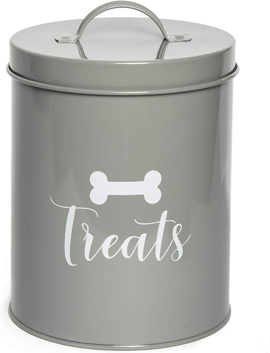 Park Life Designs - Metal Pet Treat Jar with Airtight Lid for Dogs, Cats, Puppies and More, Chic Kitchen Countertop Container for Cookies, Biscuits and Treats (Jasper, Grey, 1.4 Qt)