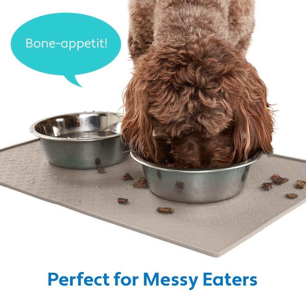 MIGHTY MONKEY 100% Waterproof Dog Food Mat, Raised Edges Silicone Pet Feeding Placemat for Cat, Dogs, Pet Bowls, High Lipped Tray Prevents Water Spills, Food on Floor, Dishwasher Safe, 24x16, Beige
