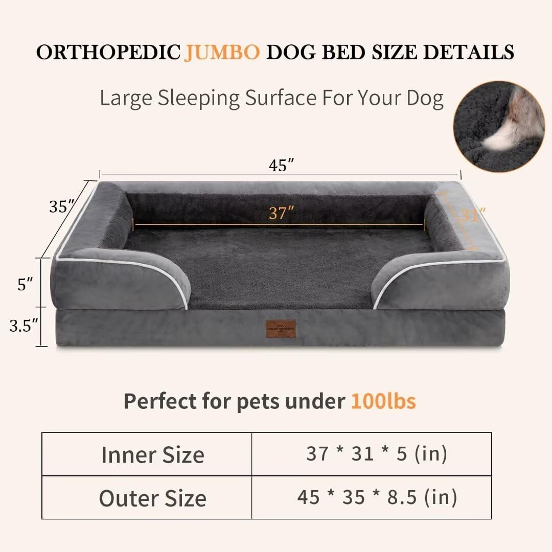 Comfort Expression Cooling Dog Bed, Jumbo Dog Bed for Extra Large Dogs, Memory Foam Orthopedic Bed, Large Breed Dogs, Waterproof Beds with Bolster & Removable Cover(Jumbo,Leaden Grey)