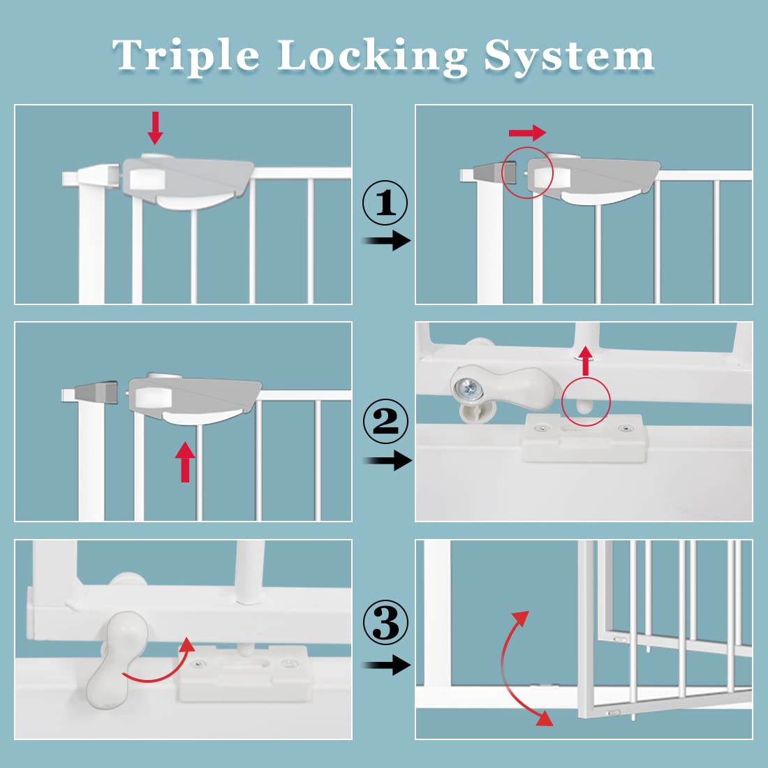WAOWAO Triple Lock Baby Gate Extra Wide 81.49-85.82" Pressure Mounted Walk Through Swing Auto Close Safety White Metal Dog Pet Puppy Cat for Stairs,Doorways,Kitchen
