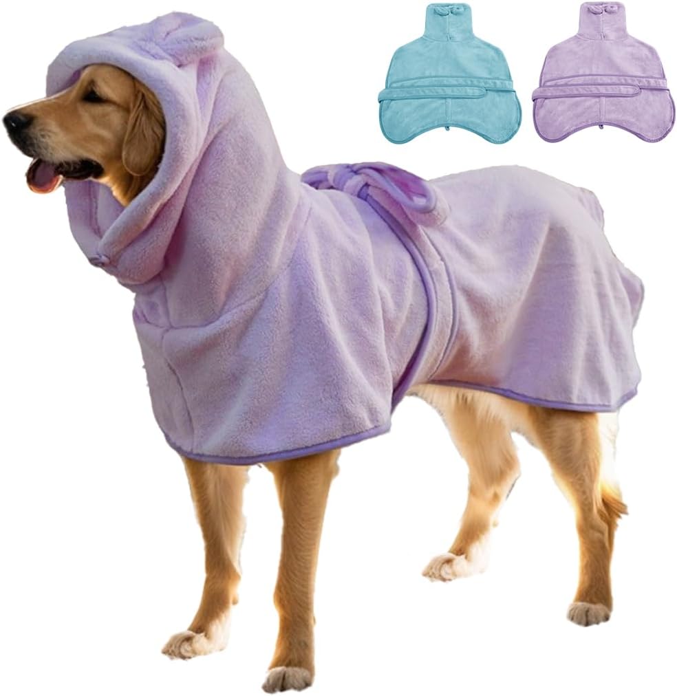 KOOGALSmall to Medium Size Dog Bathrobe, Quick Drying Super Absorbent Used for After Bathing, Warm Dog Towels, Adjustable Hoodies and Belts for Pet Dogs Bath Clothes Products(Purple, L)