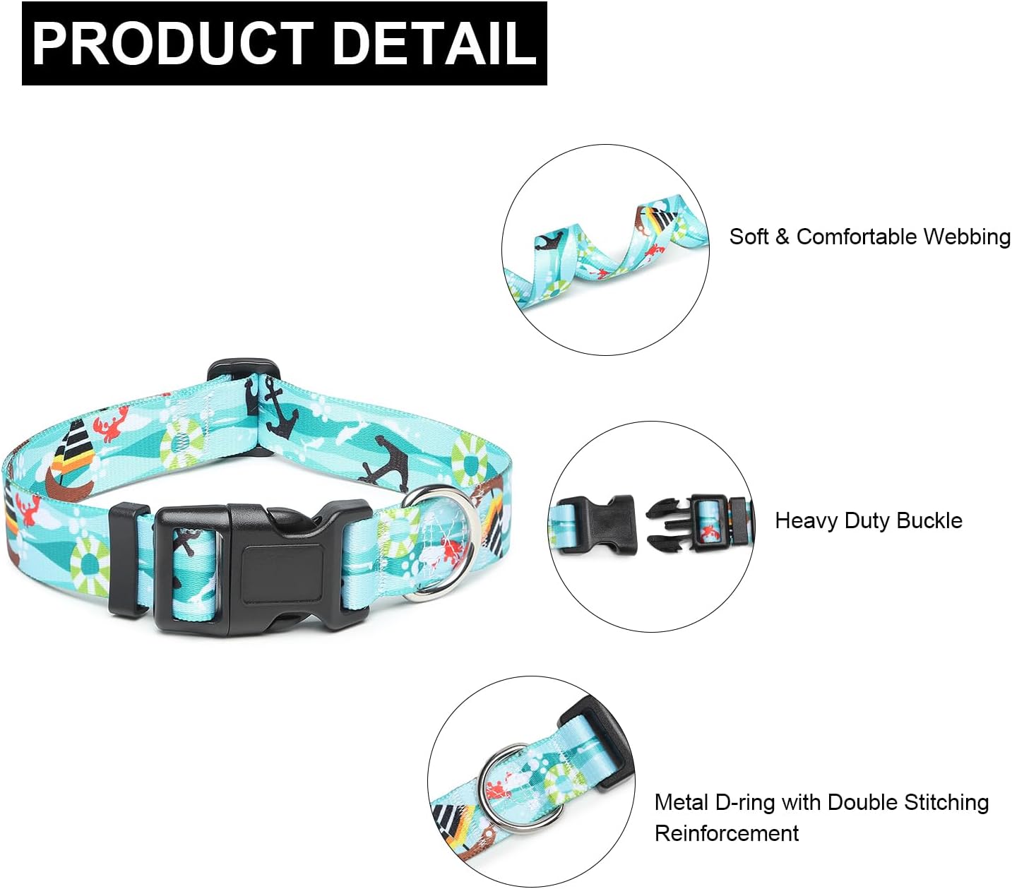 Mercano Adjustable Dog Collar - Special Design Patterns, Soft Nylon Comfortable Durable Pet Collar for Small Medium Large Dogs (S, Sail)
