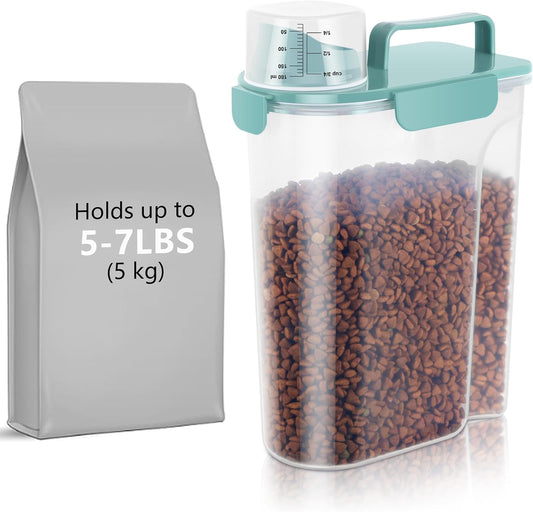 5-7Lbs Dog Cat Food Storage Container with Upgraded Large Nozzle BPA-free, 4 Snap Seals Plastic Pet Food Storage Containers with Handles (1, Elegant Blue, 5L)
