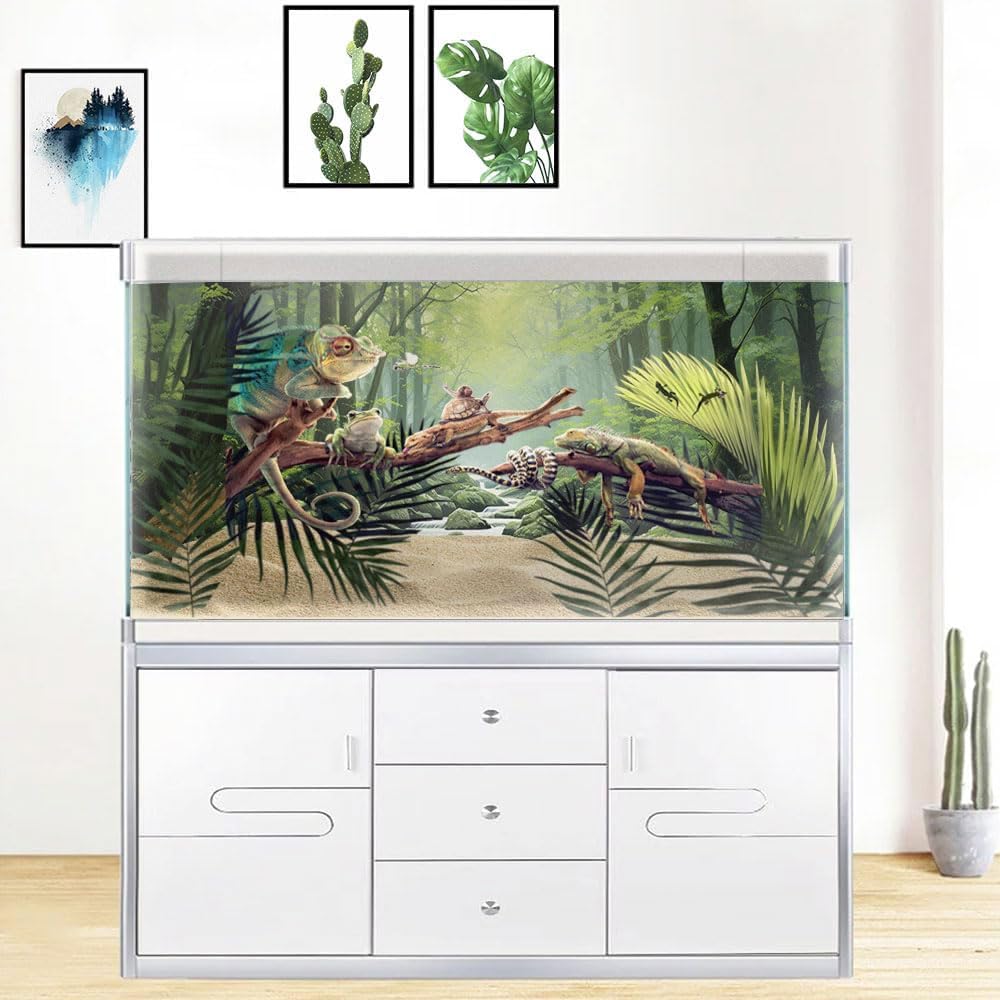 30X12IN Tropical Forest Terrarium Background, Natural Green Forest Tree Reptile Habitat Background, Misty Rainforest Aquarium Background, with 8 EVA Double-Sided Tape
