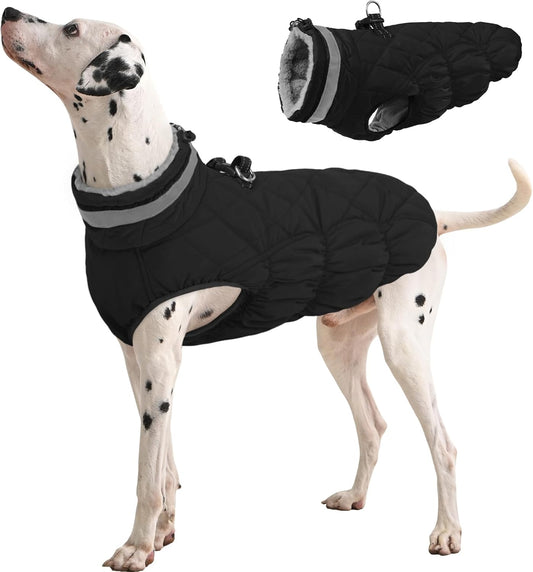 FUAMEY Dog Coat for Large Dogs,Waterproof Dog Winter Jacket with Harness Built in Puppy Cold Weather Coats Reflective Pet Vest with Zipper Warm Fleece Dogs Snowsuit Windproof Solid Black XL