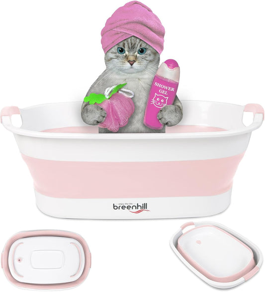 Collapsible Dog Bath Tub for Small Dogs & Cats, Portable Puppy Bath Tub with Water Drain Plug, Space Saving Foldable Pet Bathtub for Indoor & Outdoor Use, Pink