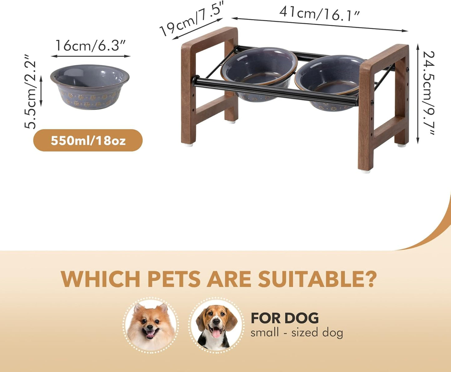 6.3inch Ceramic Adjustable Raised Double Bowls Set with Stand, 3 Heights Elevated, 2 Placement Options,Food and Water Bowls for Adult Cat Small and Medium Dog(Reactived Glaze -Grey)