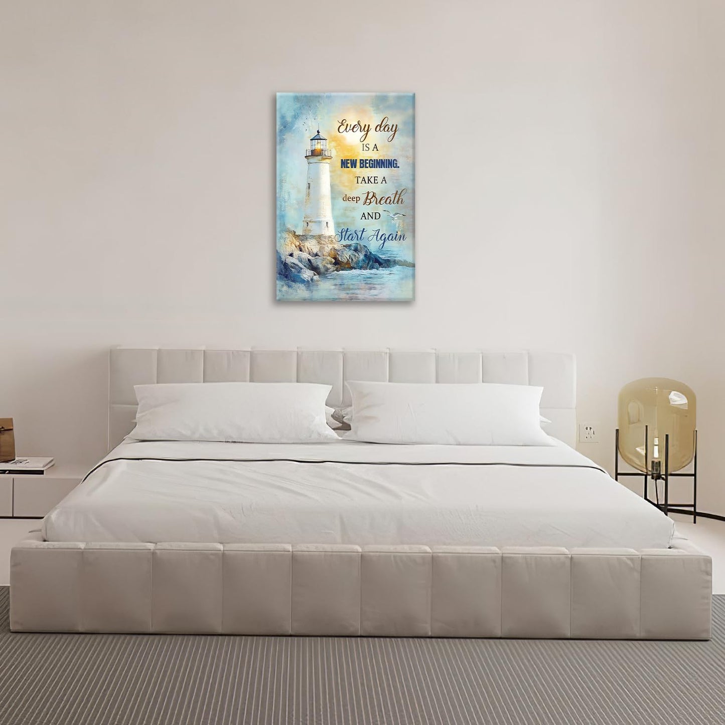 Ocean Lighthouse Pictures Wall Art, Coastal Nautical Bathroom Wall Decor Every Day is a New Beginning Motivational Quote Framed Painting Canvas Artwork for Bedroom Living Room Decorations 24"L x 16"W