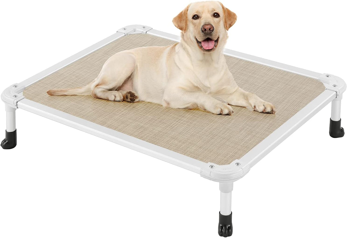 Veehoo Chew Proof Elevated Dog Bed - Cooling Raised Pet Cot - Silver Aluminum Frame and Durable Textilene Mesh Fabric, Unique Designed No-Slip Feet for Indoor or Outdoor Use, Beige Coffee, Medium