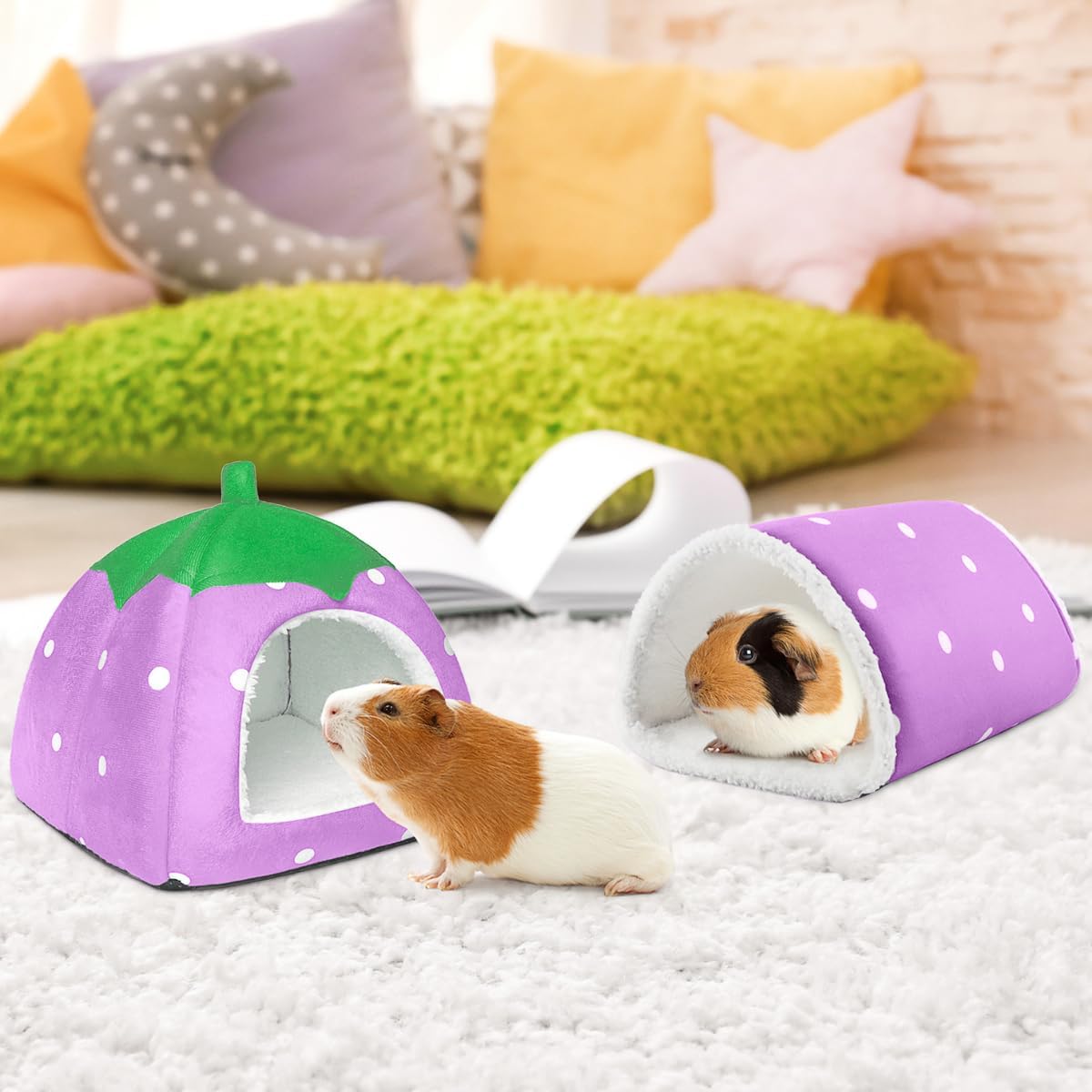 Guinea Pig Hideout with Tunnel, Washable Chinchilla House Bed, Fleece Hideaway, Enrichment Toys, and Cage Accessories for Ferret Hedgehog Small Animal