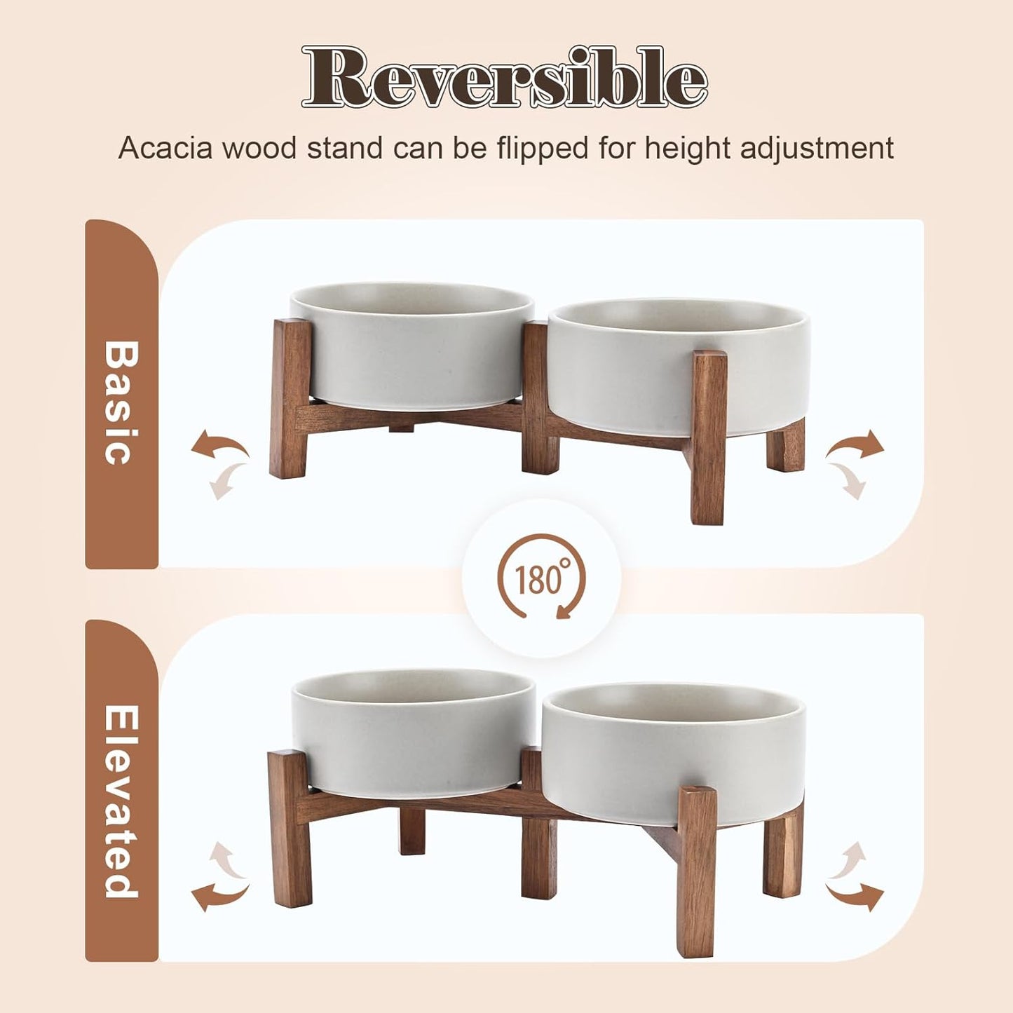 SPUNKYJUNKY Ceramic Dog Bowls Set with Acacia Wood Stand - Raised Dog Food and Water Bowl for Small Dogs (13.52 OZ, Gray)