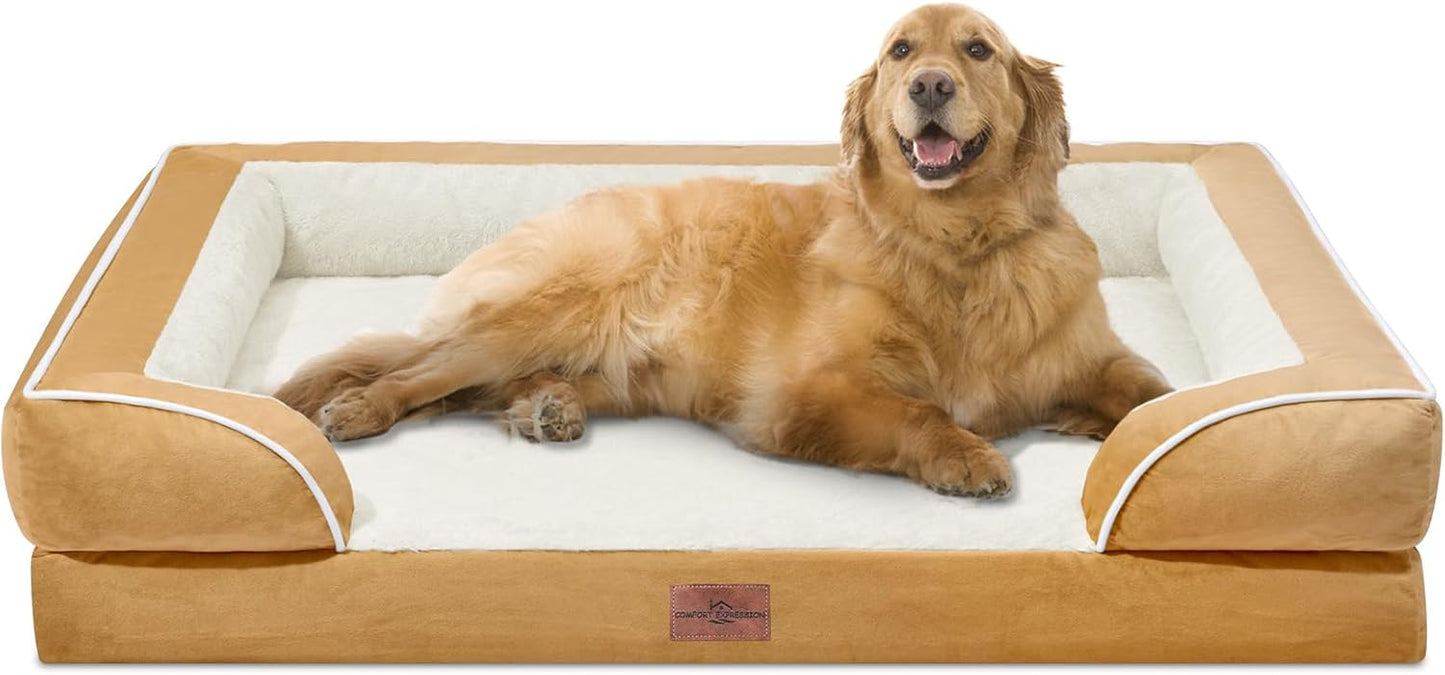 Comfort Expression Extra Large Dog Beds, XL Dog Beds Waterproof, Orthopedic Washable Dogs Beds with Bolster, Pet Sofa Couch with Removable Cover & Non-Slip Bottom(X-Large,Khaki)