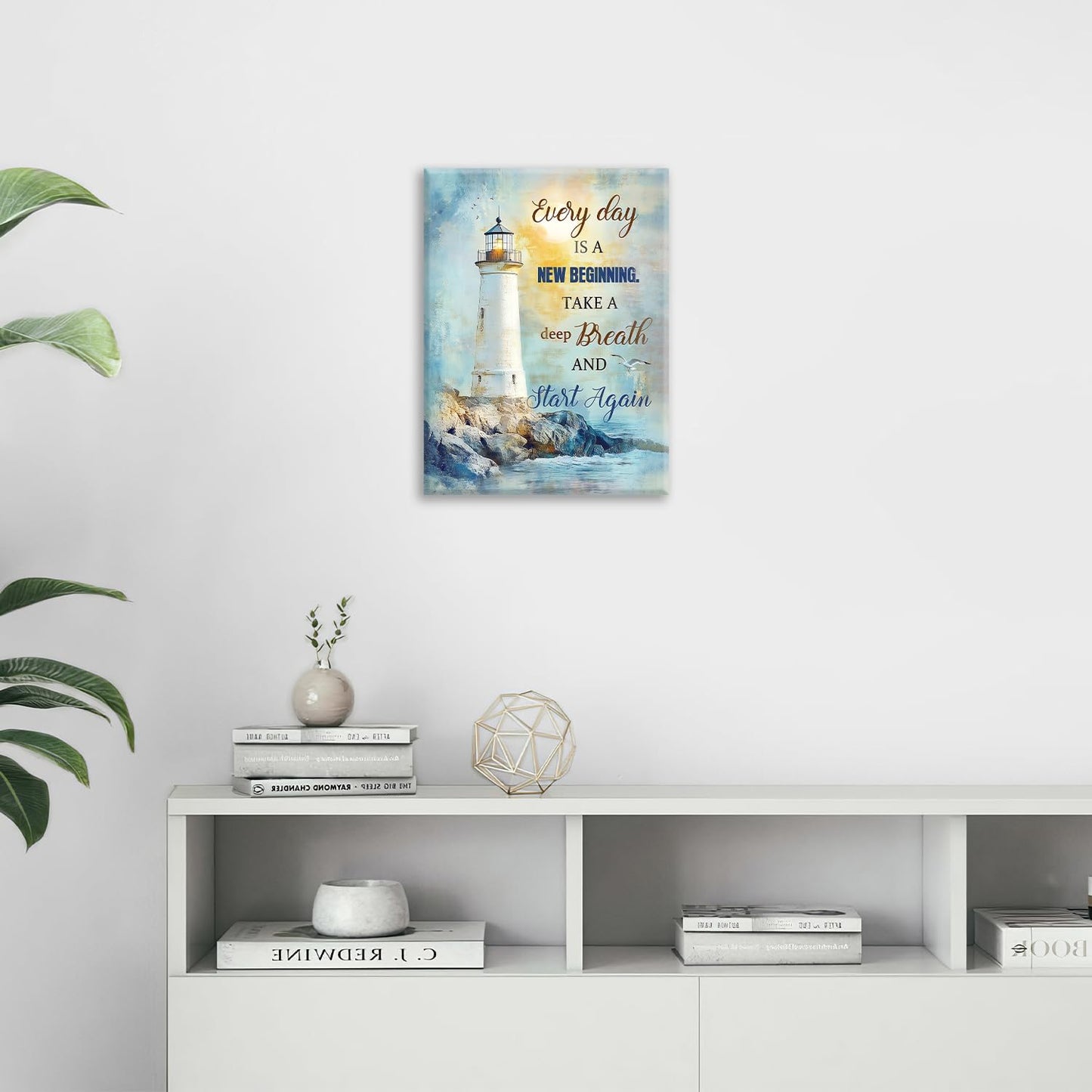Ocean Lighthouse Pictures Wall Art, Coastal Nautical Bathroom Wall Decor Every Day is a New Beginning Motivational Quote Framed Painting Canvas Artwork for Bedroom Living Room Decorations 16"L x 12"W