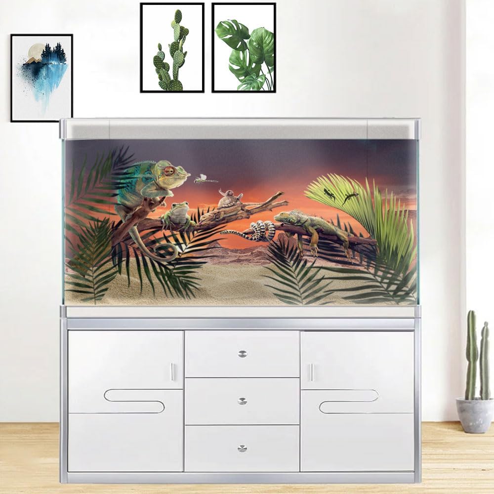 30X12IN Sun and Desert Moon Themed Reptile Habitat on Orange Durable Decorative Background, Terrarium Background with 10EVA Double-Sided Tape