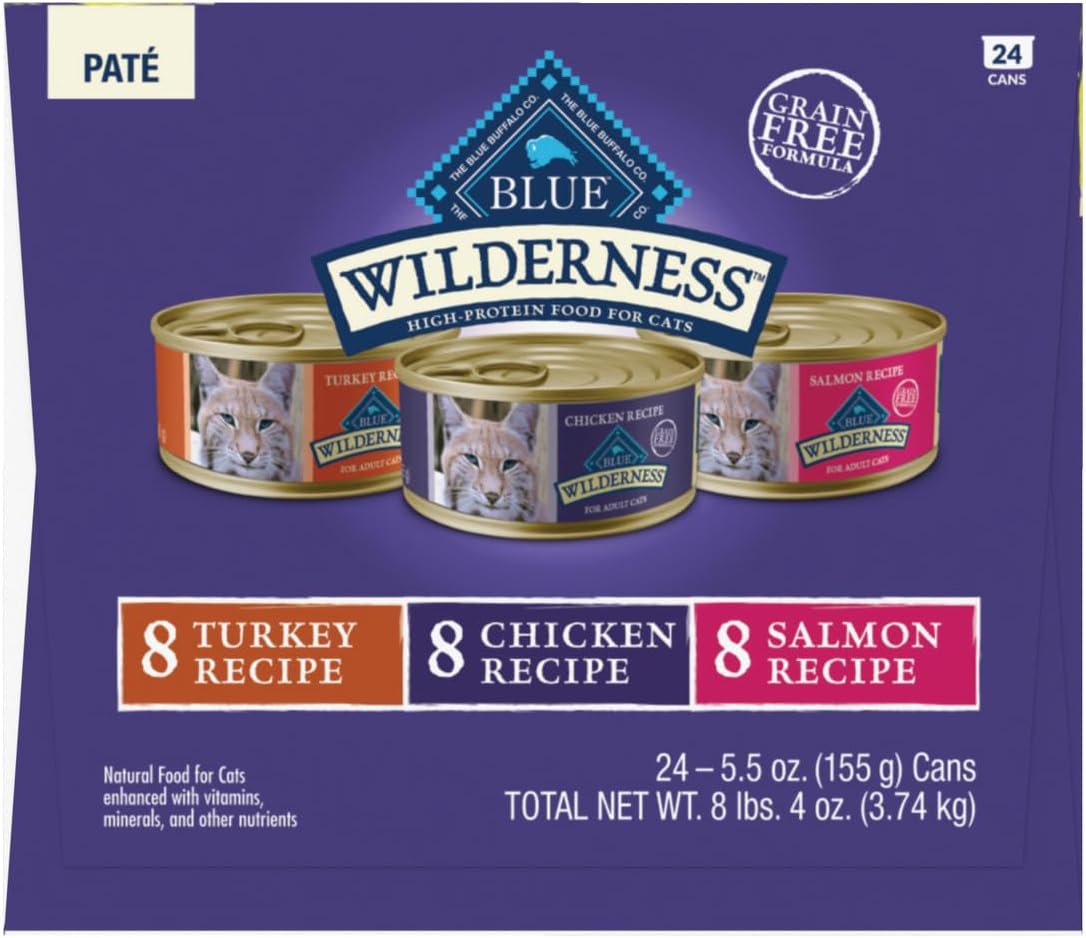 Blue Buffalo Wilderness High Protein, Natural Adult Pate Wet Cat Food Variety Pack, Chicken, Salmon, Turkey 5.5-oz can (24 count - 8 of Each Flavor)