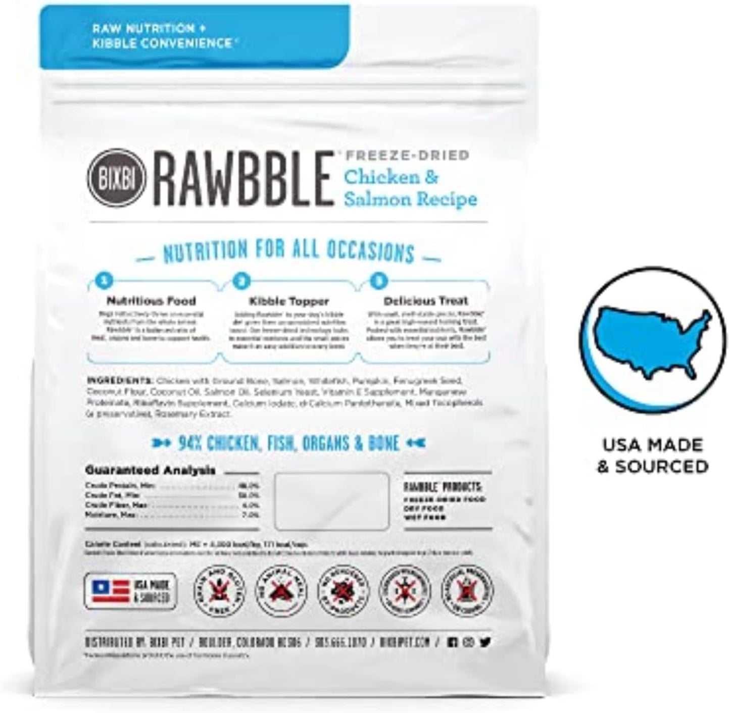 BIXBI Rawbble Freeze Dried Dog Food, Chicken & Salmon Recipe, 26 oz - 94% Meat and Organs, No Fillers - Pantry-Friendly Raw Dog Food for Meal, Treat or Food Topper - USA Made in Small Batches